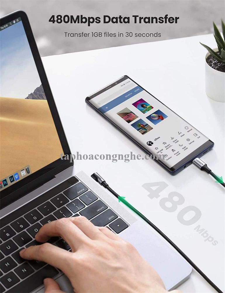 Ugreen 50122 0.5M 60W bẻ góc 90 độ hỗ trợ sạc nhanh PD cáp USB type C màu đen mạ nickel đầu bọc nhôm US255 30050122